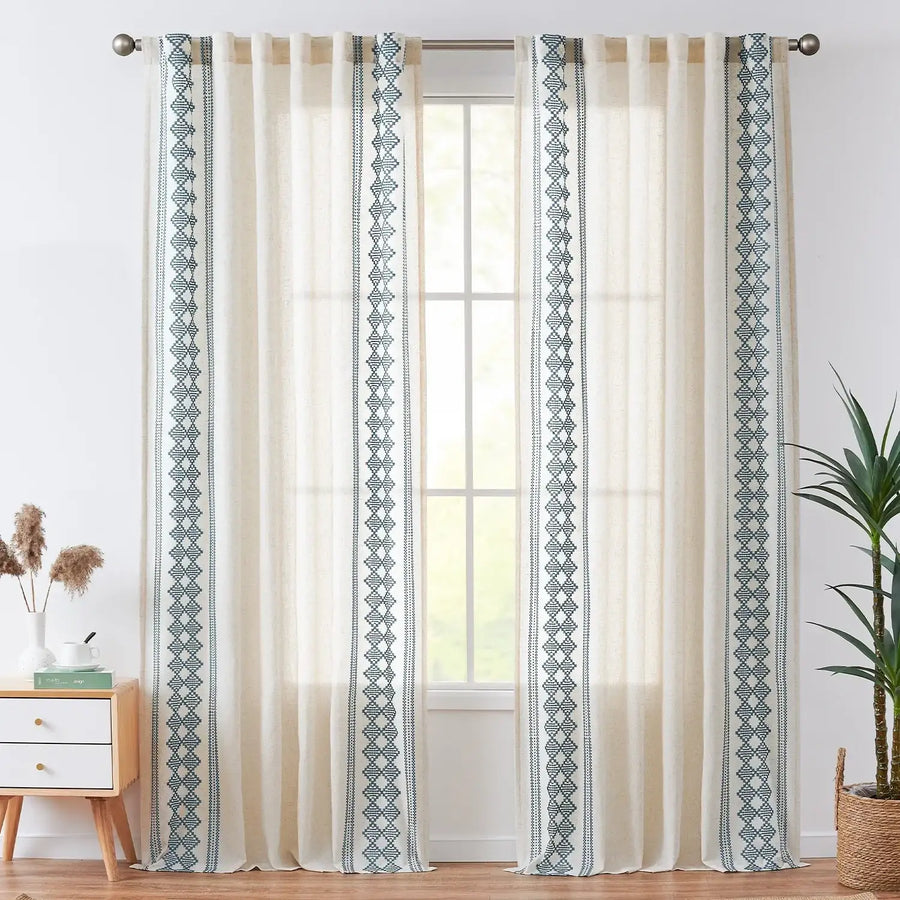 Embroidered Boho Ikat Geometric Curtains - Jinchan Home