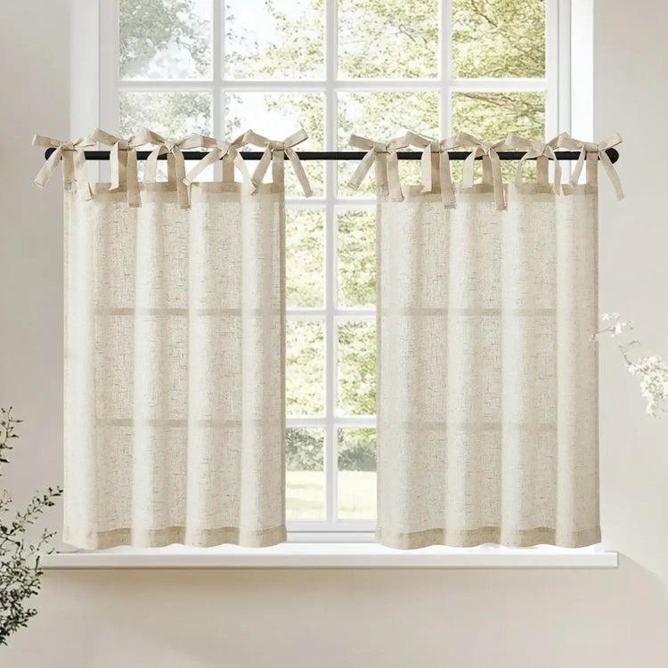 Solid Linen Blend DIY Tie-Top Kitchen Curtains - Jinchan Home