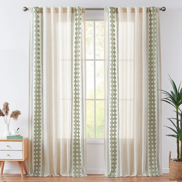 Embroidered Boho Ikat Geometric Curtains - Jinchan Home