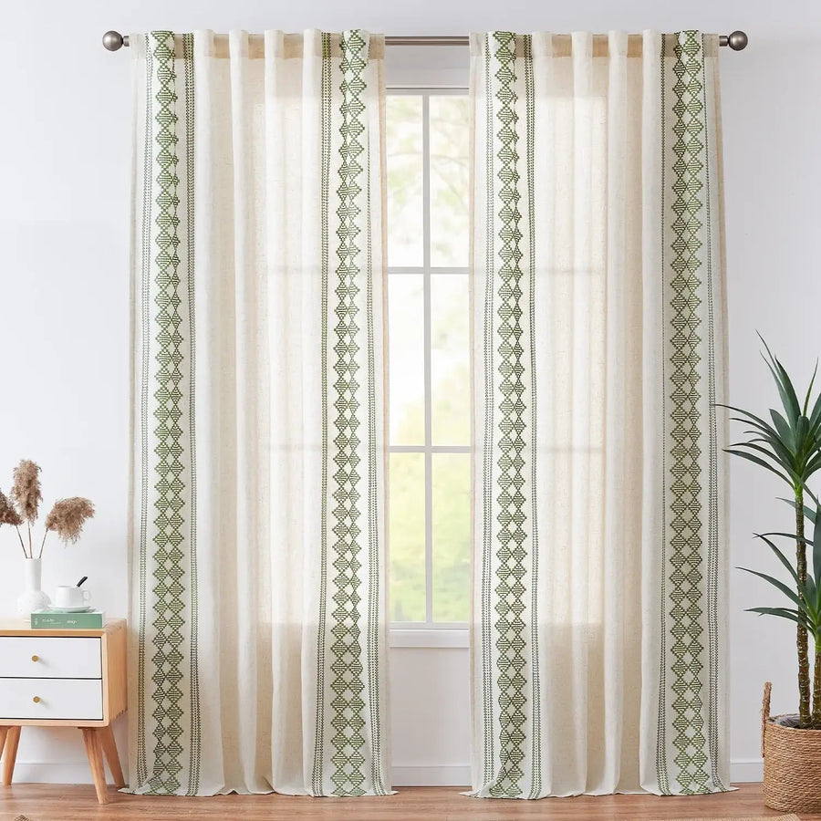 Embroidered Boho Ikat Geometric Curtains - Jinchan Home
