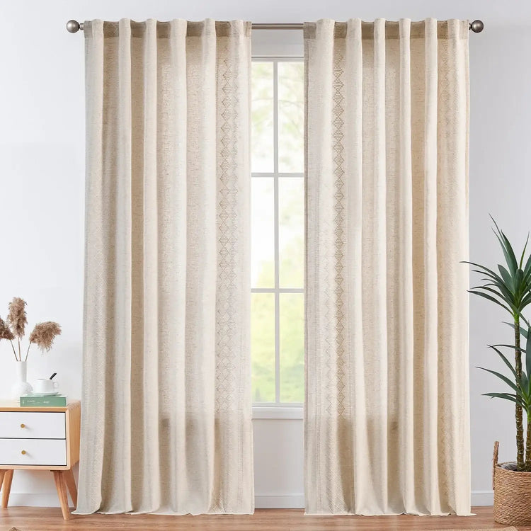 Embroidered Boho Ikat Geometric Curtains - Jinchan Home