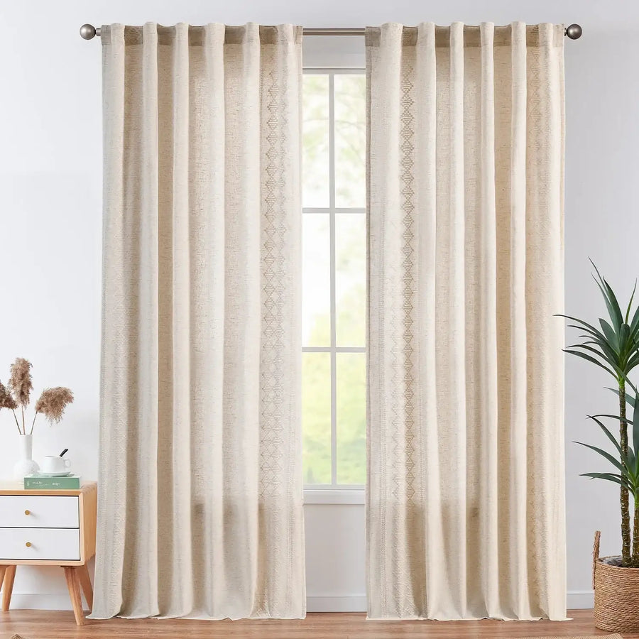 Embroidered Boho Ikat Geometric Curtains - Jinchan Home
