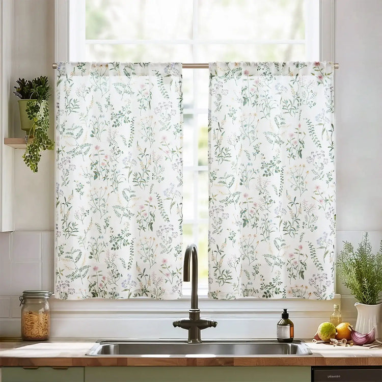 Watercolor Wildflower Rod Pocket Kitchen Curtains - Jinchan Home