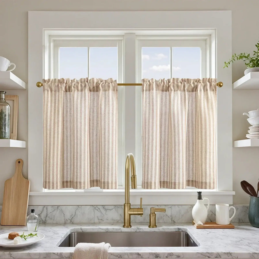 Colorful Striped Linen Wood Ear Edge Kitchen Curtains - Jinchan Home