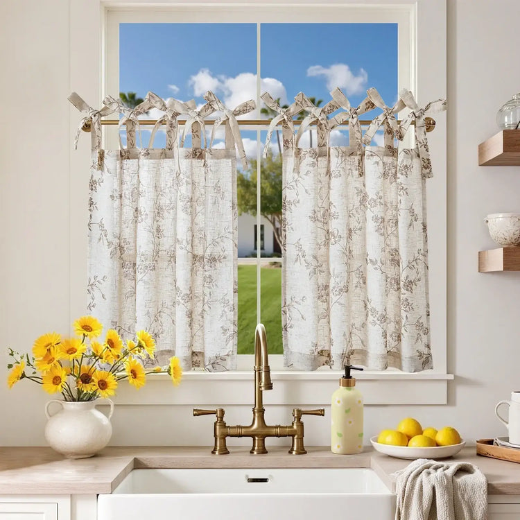 Vintage Vine Floral Sheer Tie-Top Kitchen Curtains - Jinchan Home