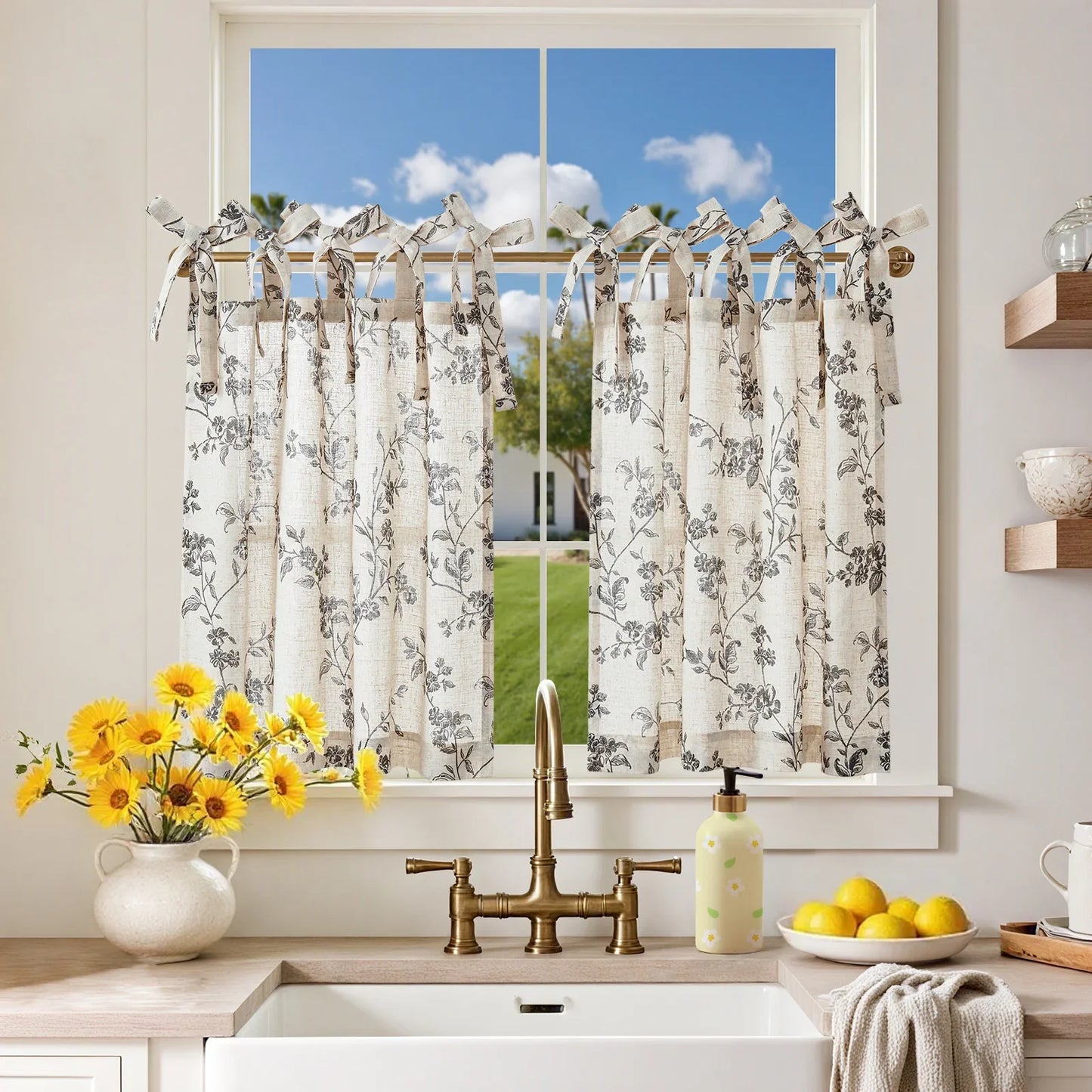 Vintage Vine Floral Sheer Tie-Top Kitchen Curtains - Jinchan Home