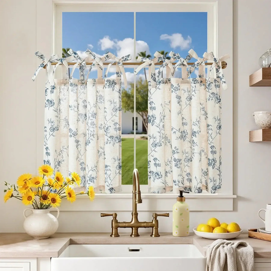 Vintage Vine Floral Sheer Tie-Top Kitchen Curtains - Jinchan Home