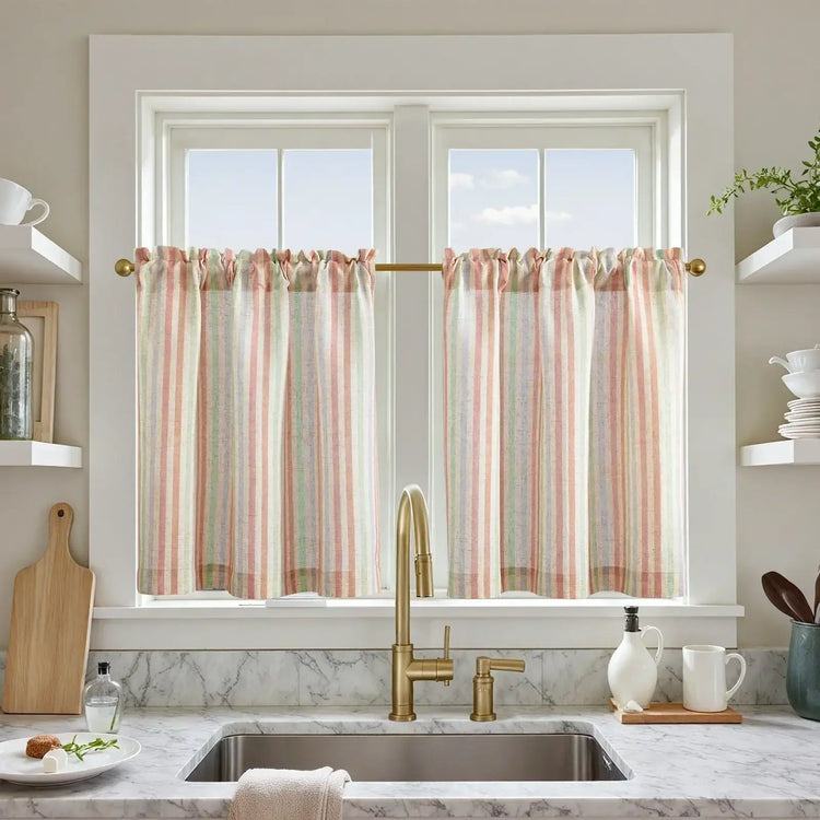Colorful Striped Linen Wood Ear Edge Kitchen Curtains - Jinchan Home