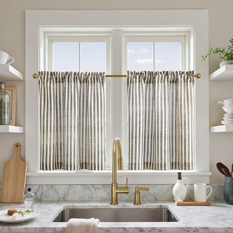 Colorful Striped Linen Wood Ear Edge Kitchen Curtains - Jinchan Home