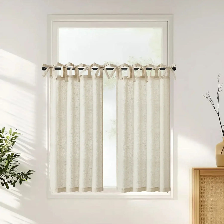 Solid Linen Blend DIY Tie-Top Kitchen Curtains - Jinchan Home