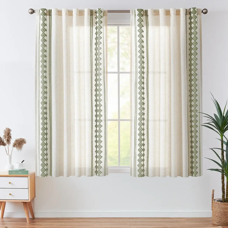 Embroidered Boho Ikat Geometric Curtains - Jinchan Home