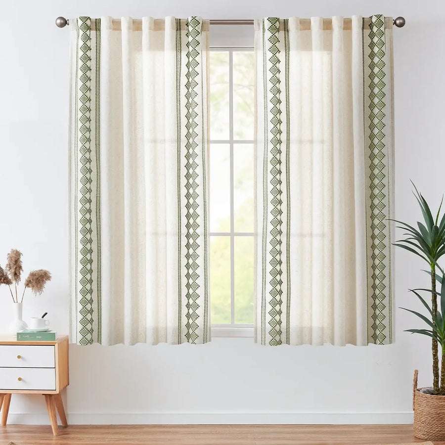 Embroidered Boho Ikat Geometric Curtains - Jinchan Home