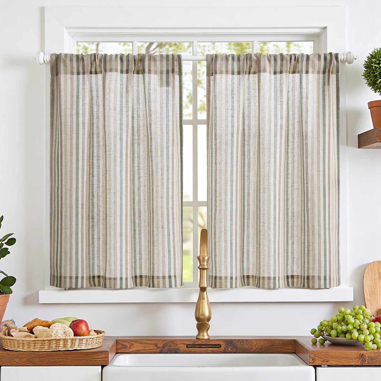 Colorful Striped Linen-Blend Kitchen Curtains - Jinchan Home