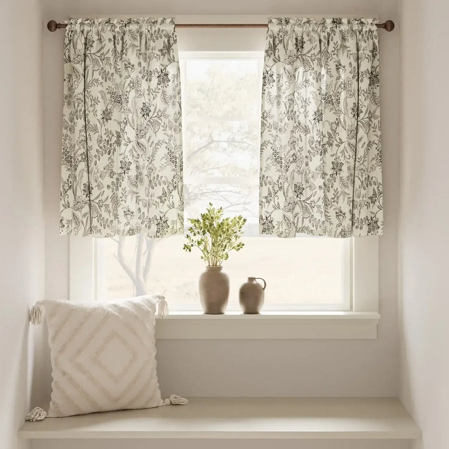 Vintage Scrollwork Floral Linen Kitchen Curtains - Jinchan Home