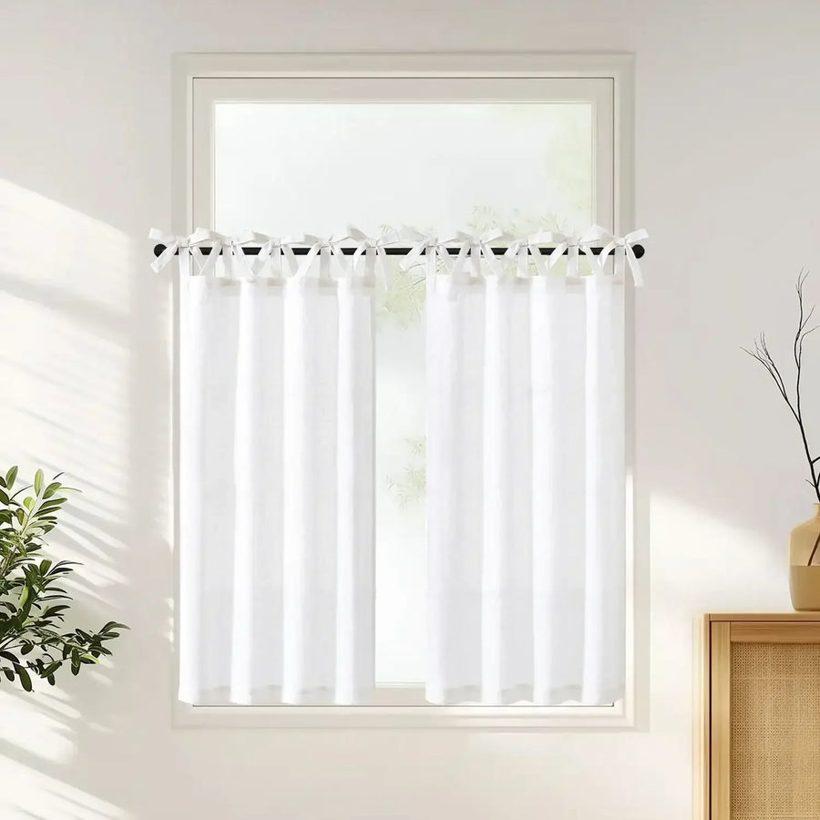Solid Linen Blend DIY Tie-Top Kitchen Curtains - Jinchan Home