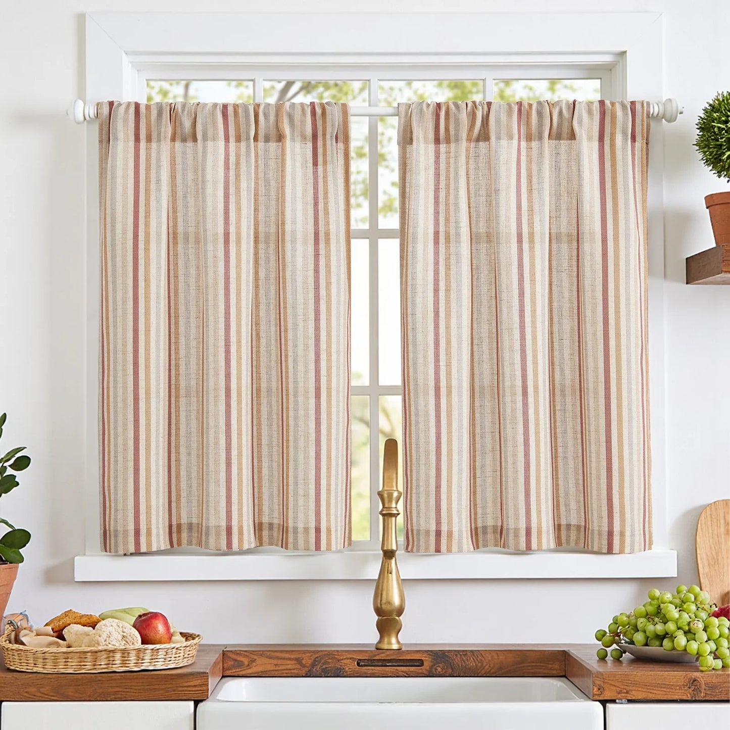 Colorful Striped Linen-Blend Kitchen Curtains - Jinchan Home