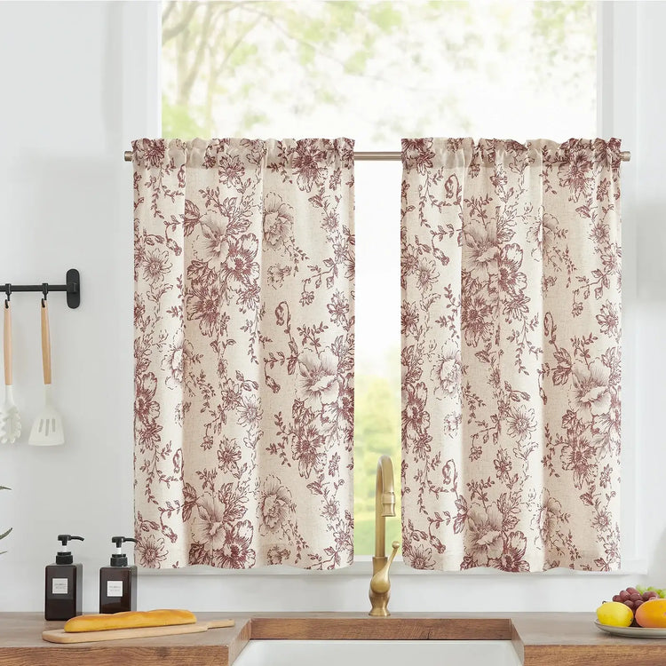 Vintage Line-Art Large Floral Rod Pocket Kitchen Curtains - Jinchan Home