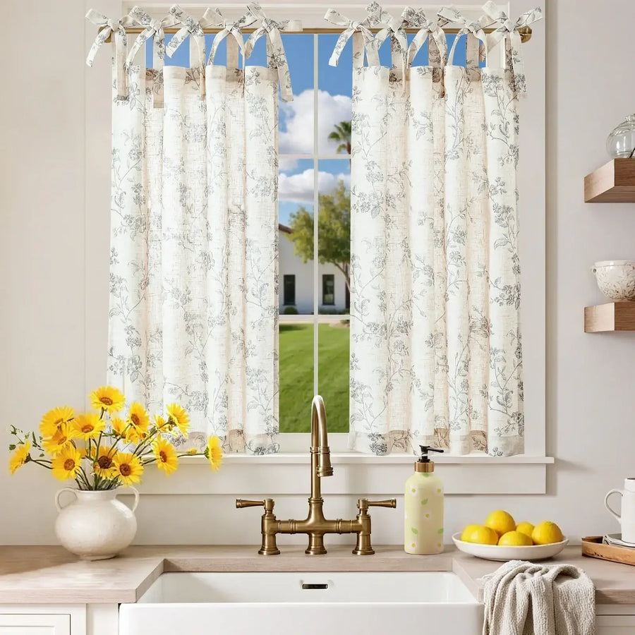 Vintage Vine Floral Sheer Tie-Top Kitchen Curtains - Jinchan Home