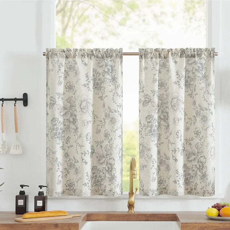 Vintage Line-Art Large Floral Rod Pocket Kitchen Curtains - Jinchan Home