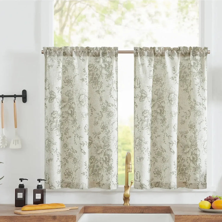 Vintage Line-Art Large Floral Rod Pocket Kitchen Curtains - Jinchan Home
