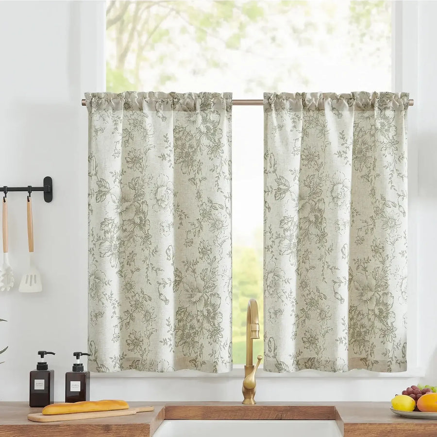 Vintage Line-Art Large Floral Rod Pocket Kitchen Curtains - Jinchan Home