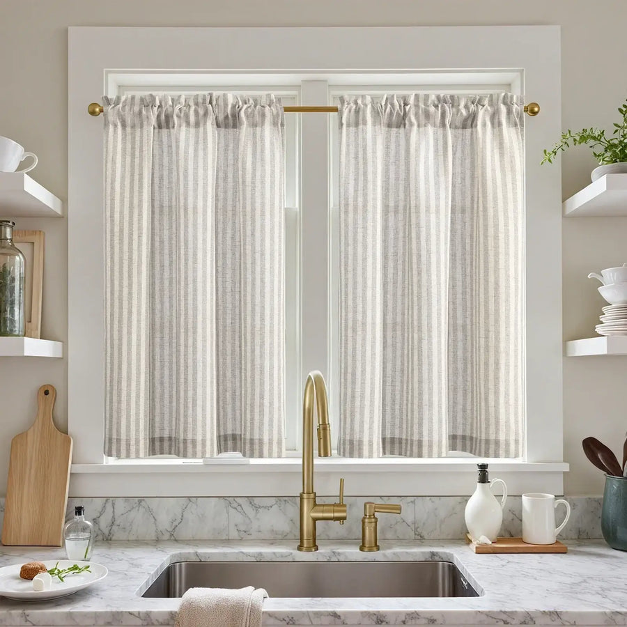 Colorful Striped Linen Wood Ear Edge Kitchen Curtains - Jinchan Home