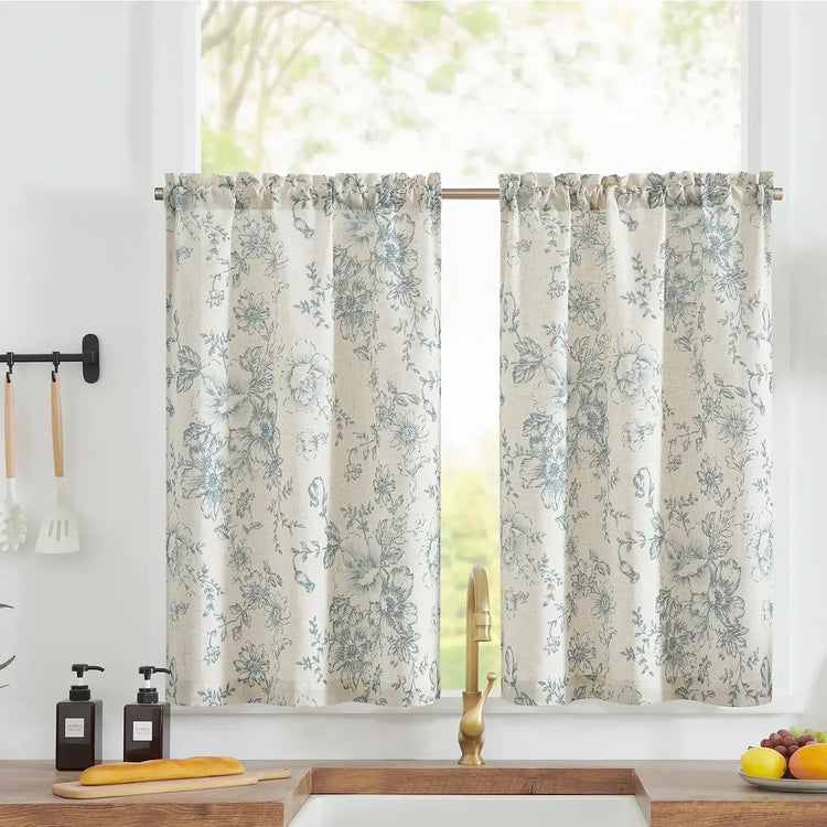 Vintage Line-Art Large Floral Rod Pocket Kitchen Curtains - Jinchan Home