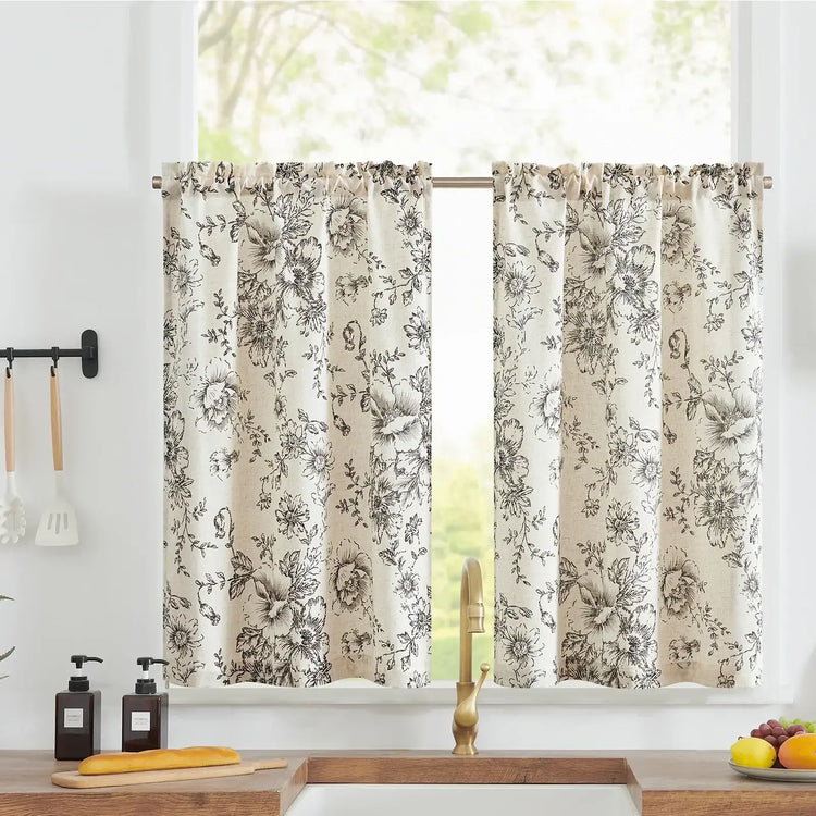 Vintage Line-Art Large Floral Rod Pocket Kitchen Curtains - Jinchan Home