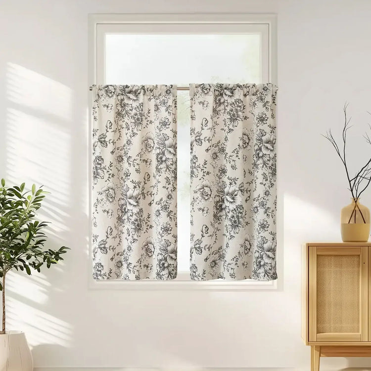 Vintage Line-Art Large Floral Rod Pocket Kitchen Curtains - Jinchan Home