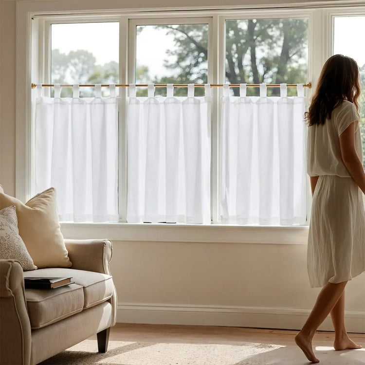 Solid Linen Tab-Top Sheer Kitchen Curtains - Jinchan Home