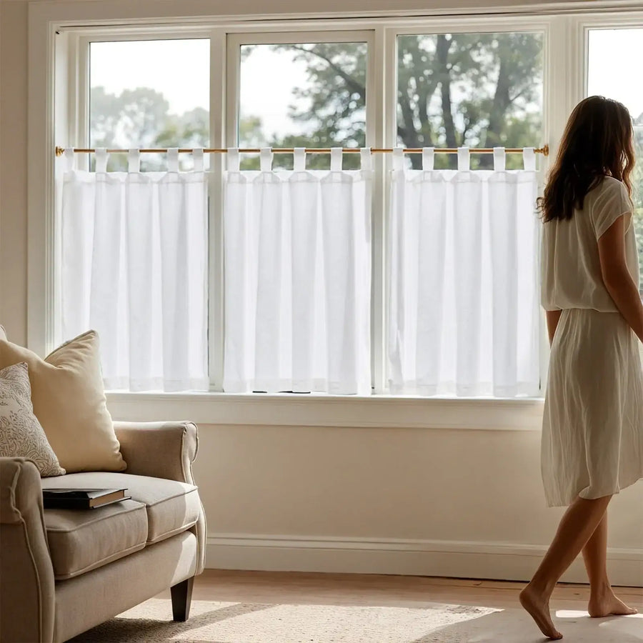 Solid Linen Tab-Top Sheer Kitchen Curtains - Jinchan Home