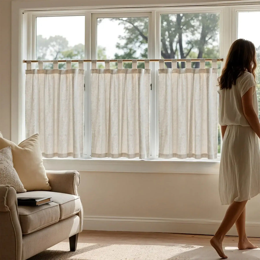 Solid Linen Tab-Top Sheer Kitchen Curtains - Jinchan Home