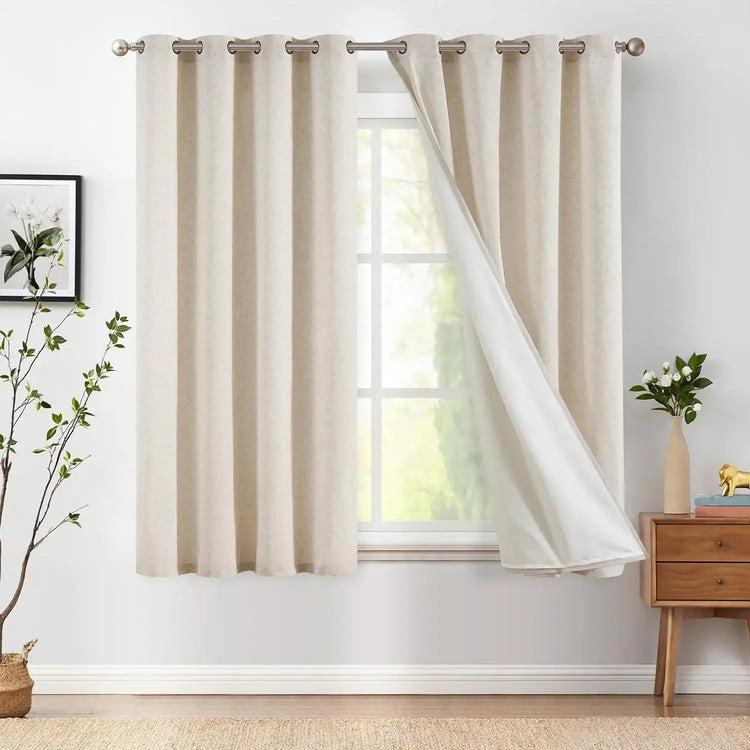 Lined Linen-Blend Solid Grommet Curtains - Jinchan Home