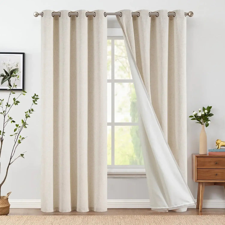 Lined Linen-Blend Solid Grommet Curtains - Jinchan Home
