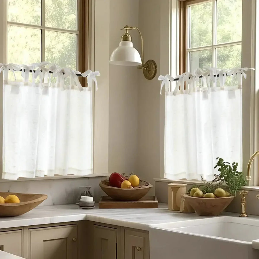 Solid Linen Blend DIY Tie-Top Kitchen Curtains - Jinchan Home