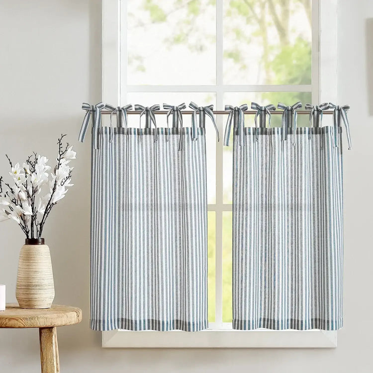 Striped Linen Blend DIY Tie-Top Kitchen Curtains - Jinchan Home