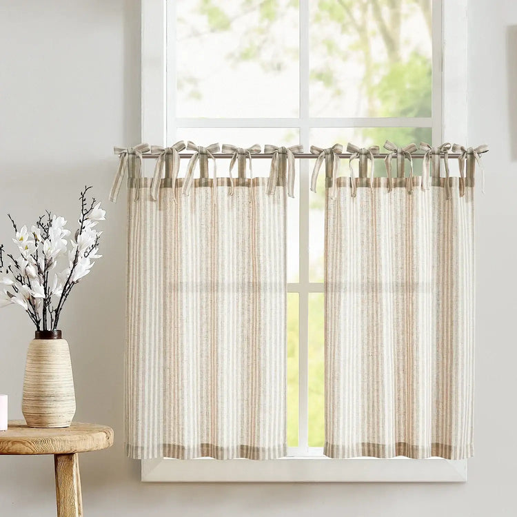 Tie Top Striped Linen Kitchen Curtains - Jinchan Home