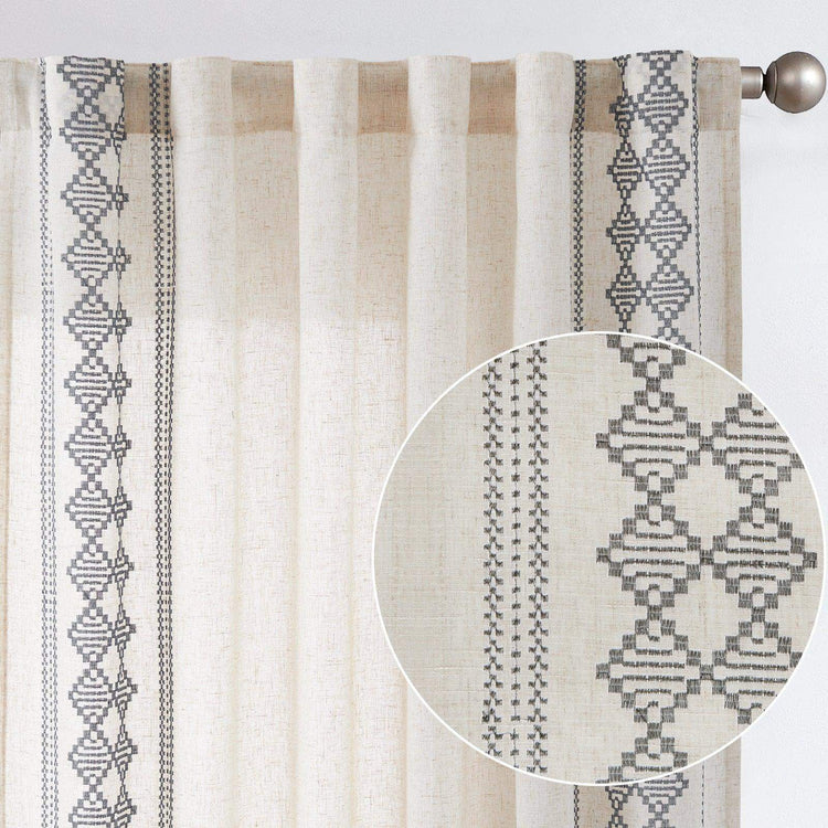 Embroidered Boho Ikat Geometric Curtains - Jinchan Home