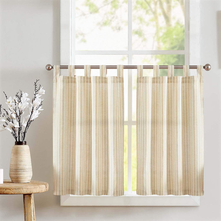 Striped Tab Top Linen Kitchen Curtains - Jinchan Home