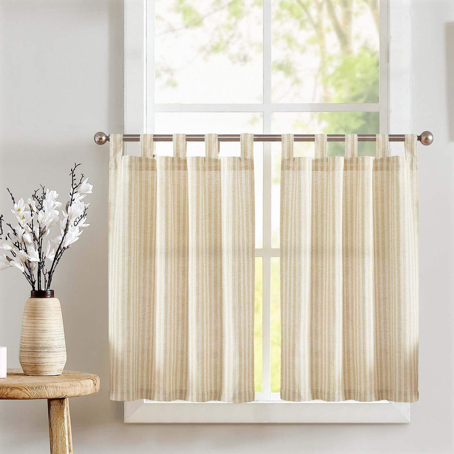 Striped Tab Top Linen Kitchen Curtains - Jinchan Home
