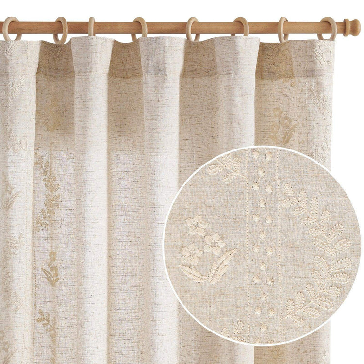 Embroidered Vine Floral Linen Curtains - Jinchan Home