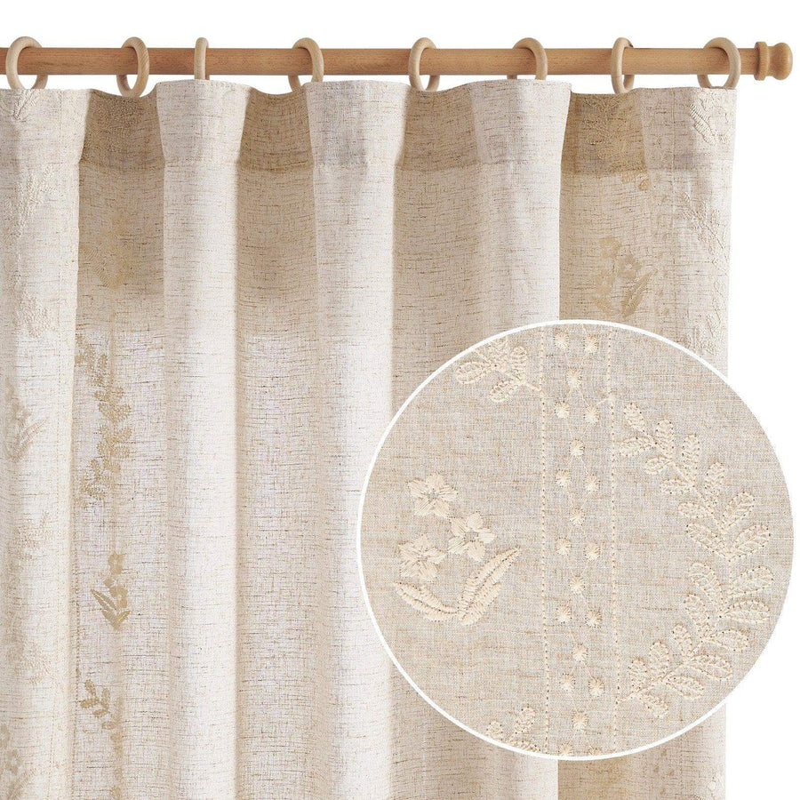 Embroidered Vine Floral Linen Curtains - Jinchan Home