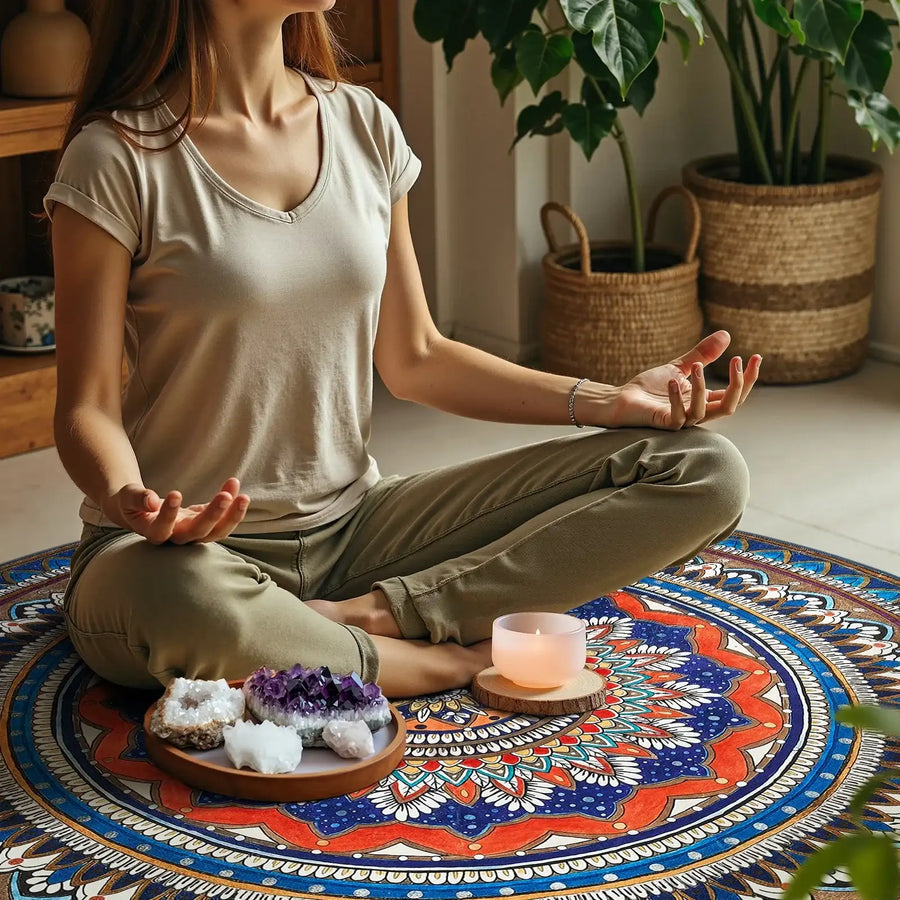 Woman meditating cross-legged on colorful mandala mat with crystals and lit candle indoors