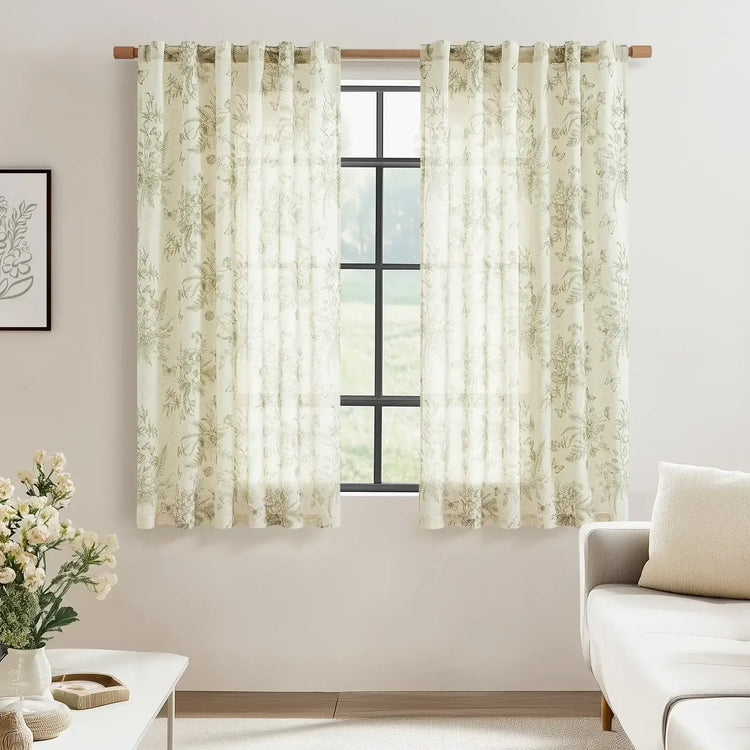 Butterfly Blossom Print Linen-Blend 3-in-1 Curtains - Jinchan Home