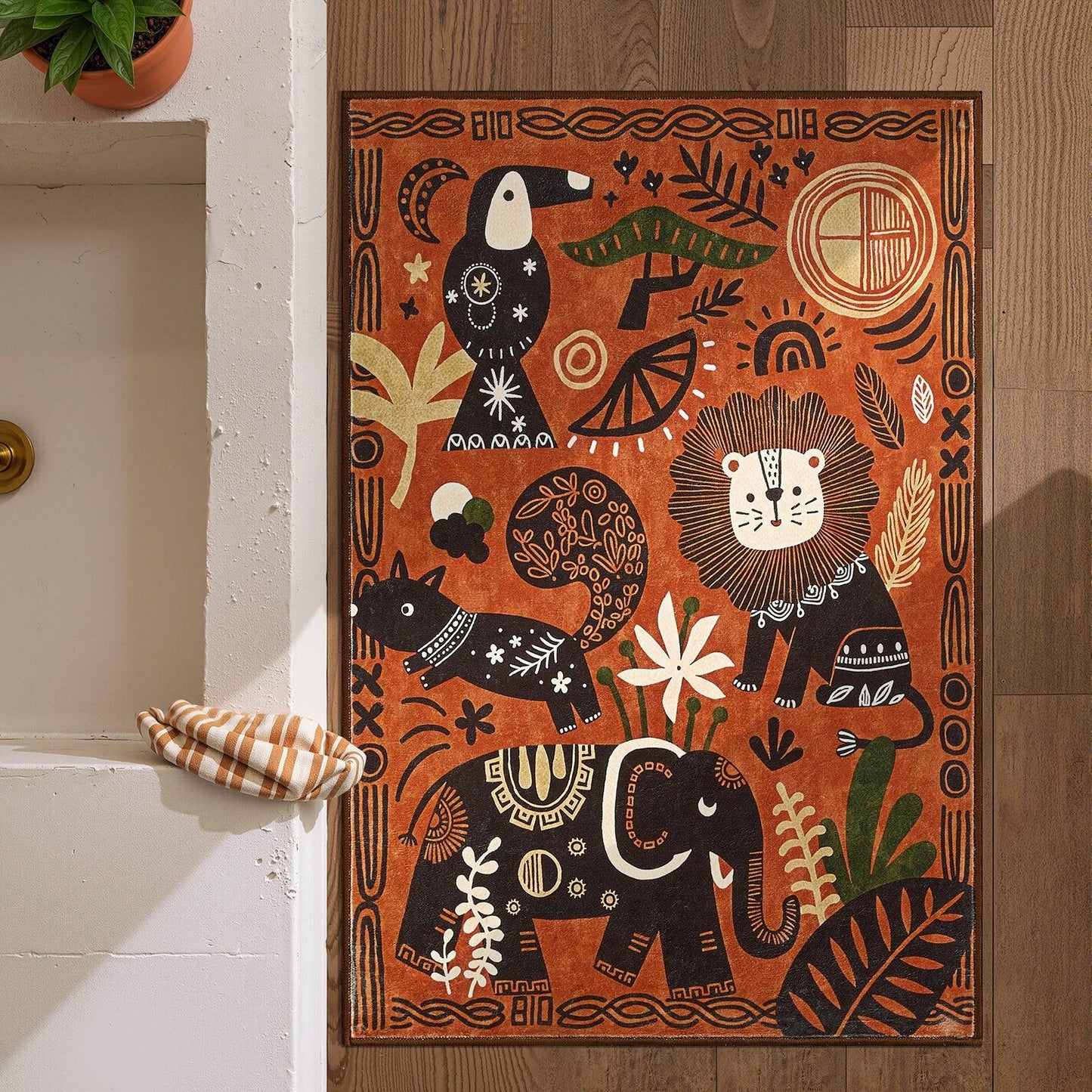 Boho Aesthetic Tropical Animal Doodle Rug - Jinchan Home