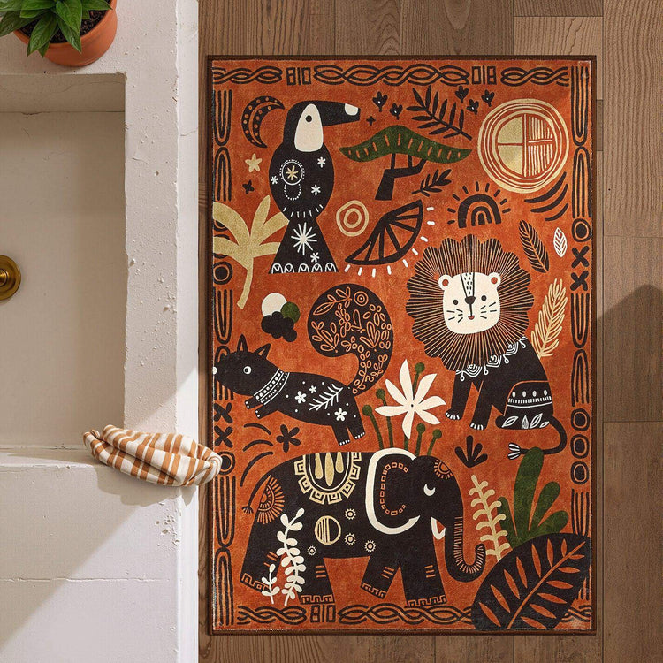 Boho Aesthetic Tropical Animal Doodle Rug - Jinchan Home