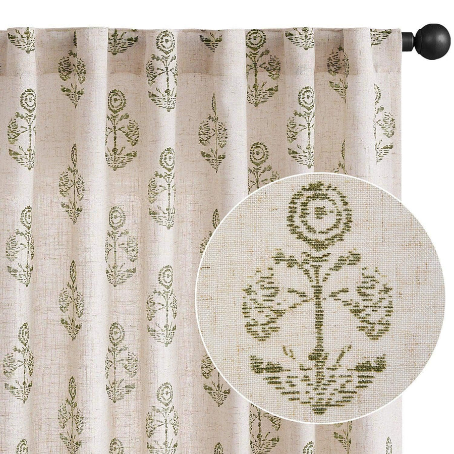 Linear Mini Floral and Leaf Linen Curtains - Jinchan Home