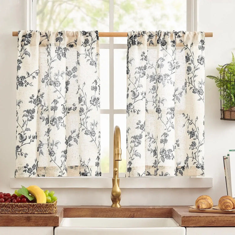 Bloom Vine Rod Pocket Kitchen Curtains - Jinchan Home