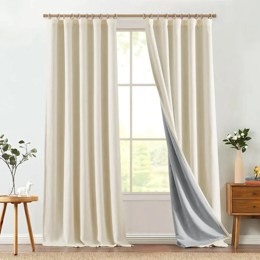 Textured Linen-Blend Solid Lined 3-in-1 Curtains - Jinchan Home