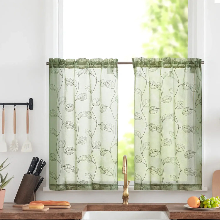 Embroidered Vine Leaf Pattern Sheer Kitchen Curtains - Jinchan Home